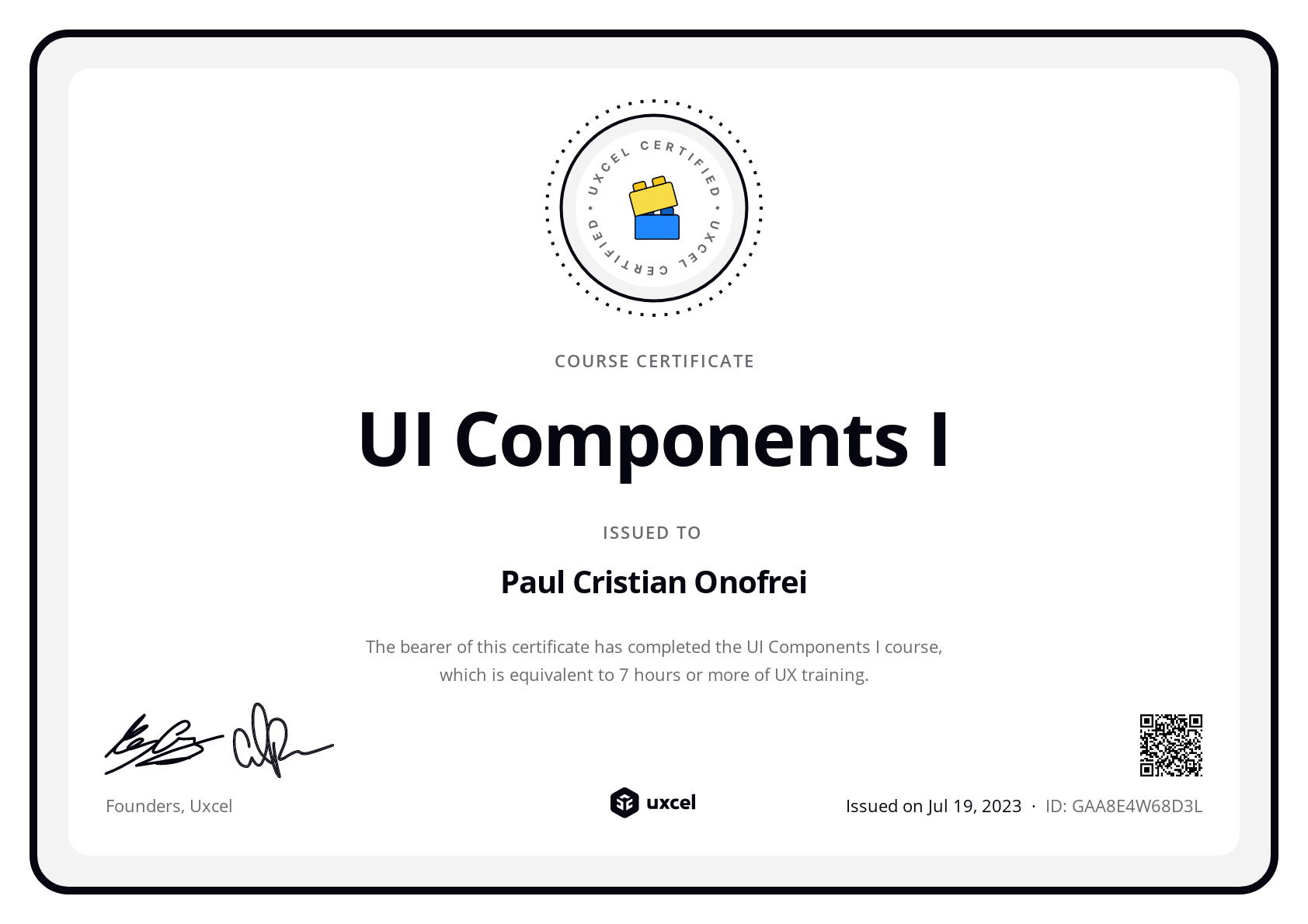 Paul Cristian Onofrei's certificate